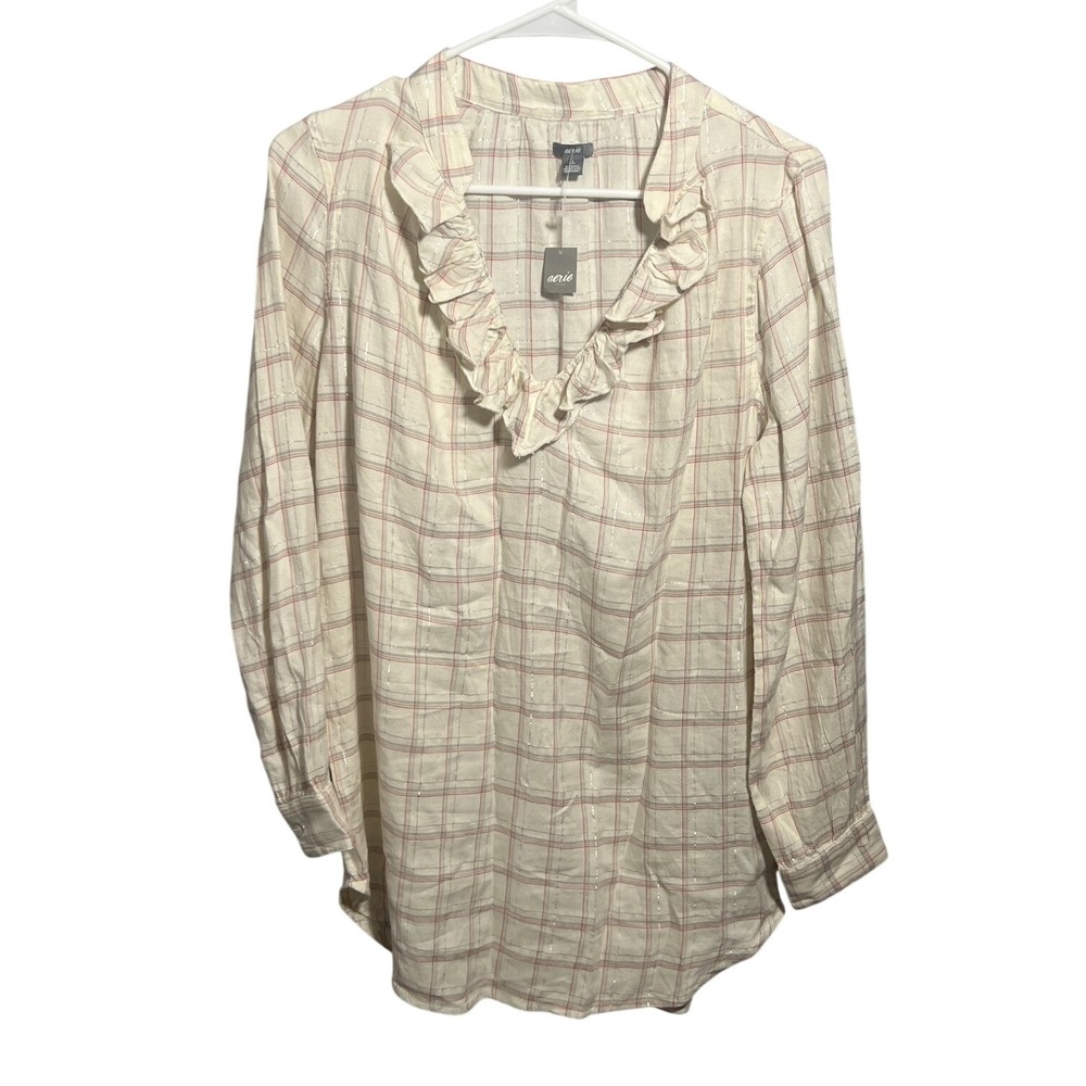 Aerie Women's S Ivory Red Plaid Ruffle V-Neck Long Sleeve Blouse Top NWT